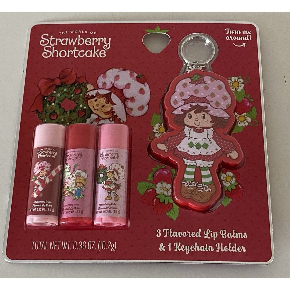 Set Of 3 Strawberry Shortcake Flavored Lip Balms And Keychain Holder NEW